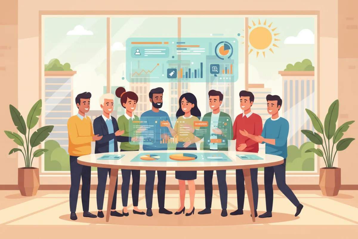 A vibrant digital illustration showing a diverse group of small business owners gathered around a table, reviewing AI-powered marketing analytics on a large screen. The setting is a bright, modern workspace with plants and city views, conveying collaboration, innovation, and optimism.