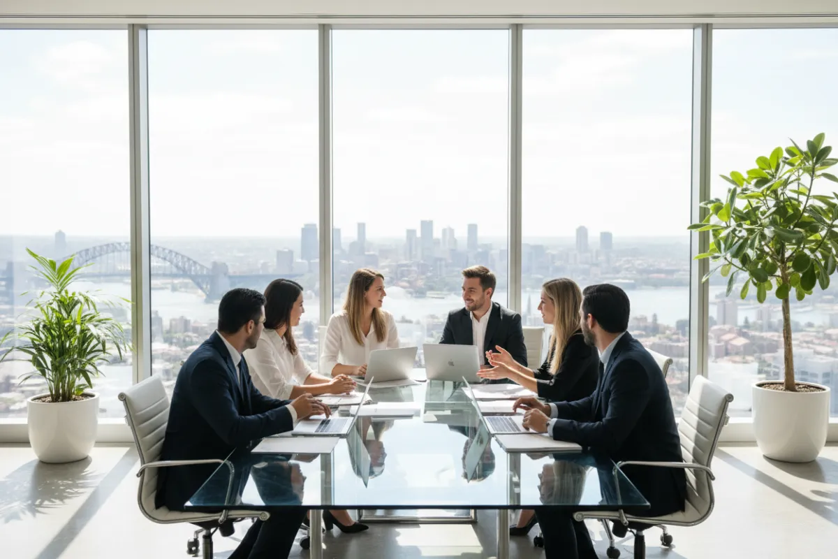 Editorial-style photo of a modern, sunlit Australian corporate office with diverse professionals collaborating at a glass table, city skyline visible through large windows, soft focus, premium magazine look.