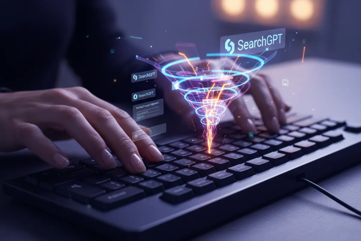 Hands typing query prompts with SearchGPT results visualized above keyboard.