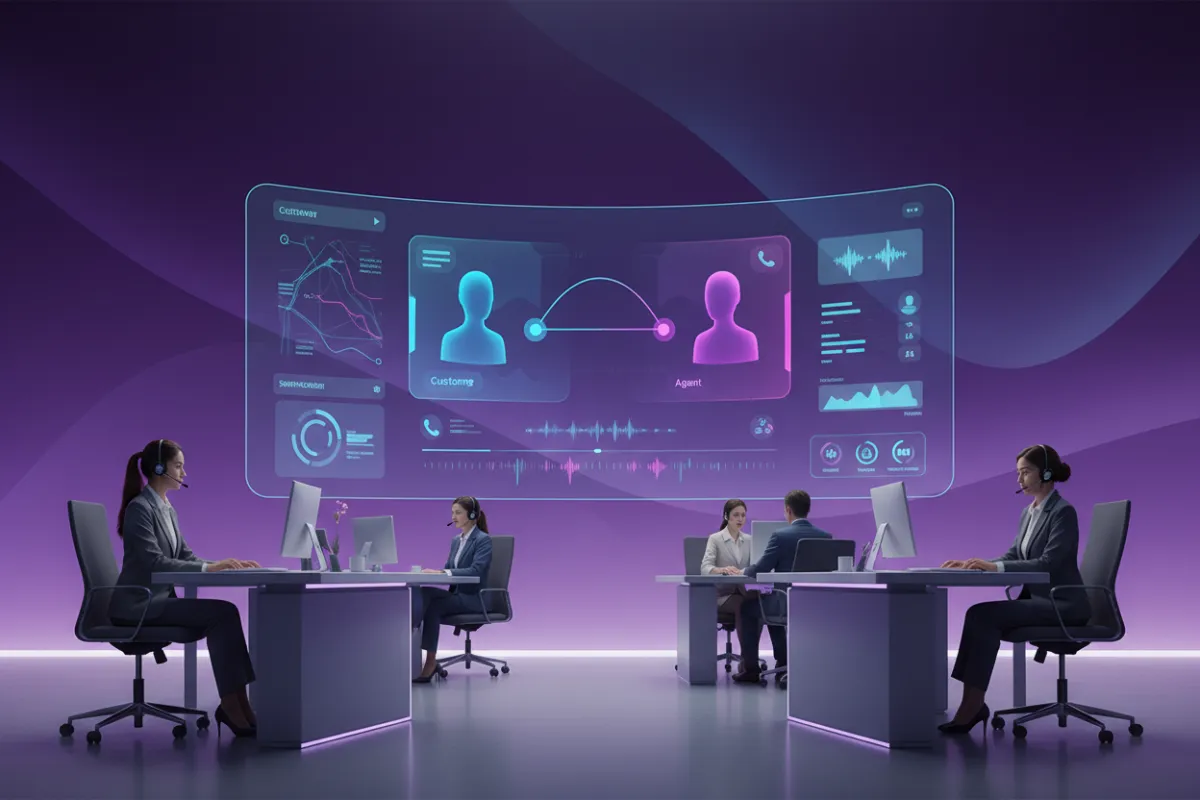 A modern call center environment with a digital AI interface on a large screen, showing a simulated customer call in progress, deep eggplant and violet gradients, business attire, and dynamic UI elements.