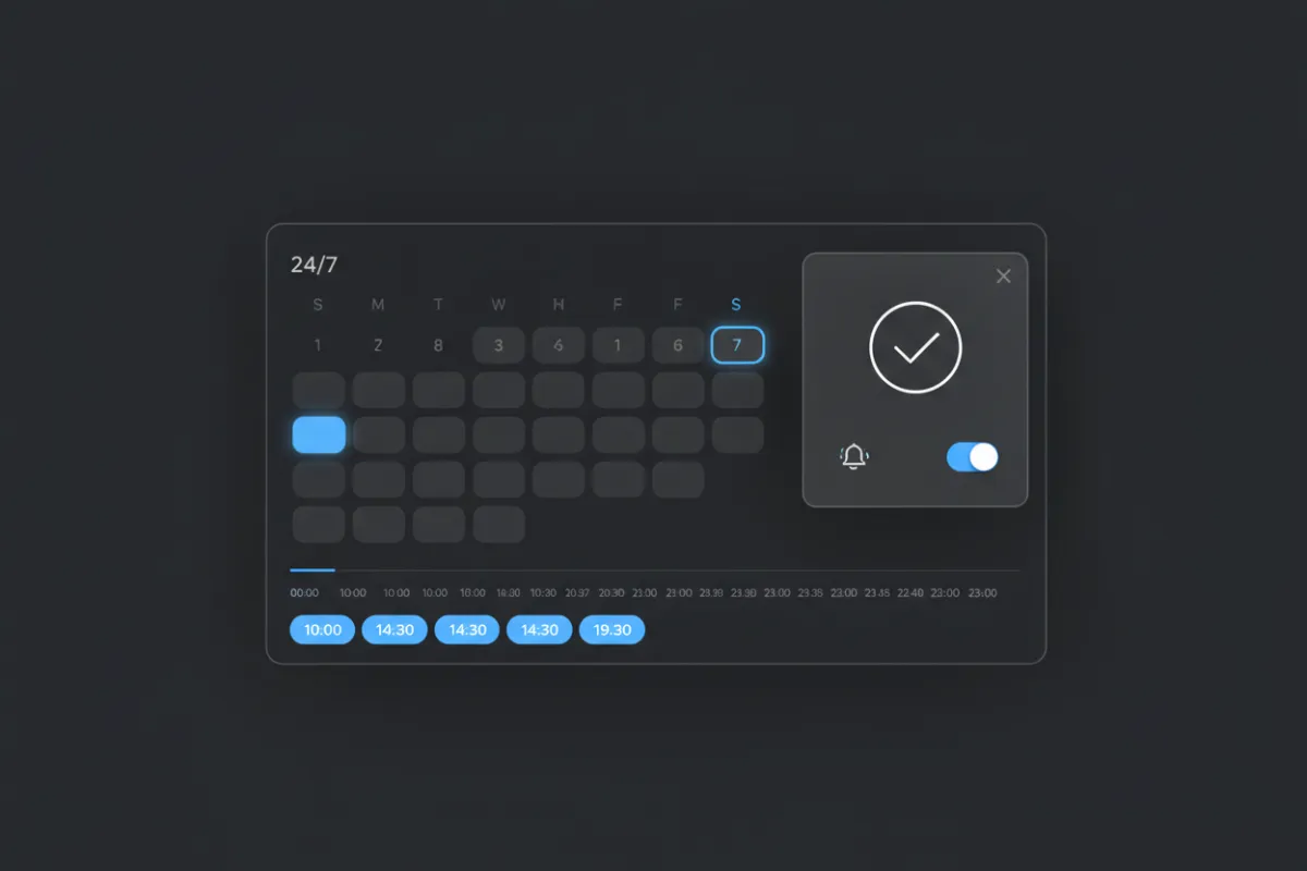 Booking calendar UI: 24/7 calendar widget with time-slot selection, confirmation modal and reminder toggle, no people visible—isolated interface shot for product marketing.