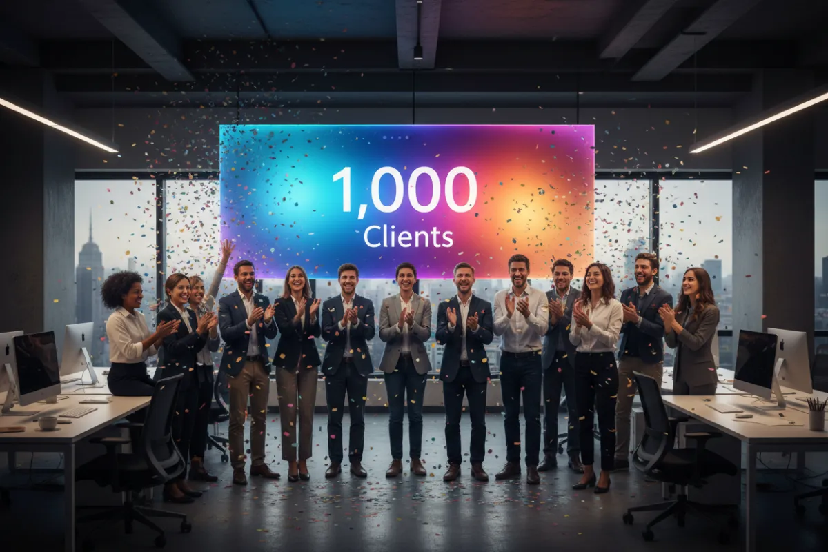 Celebratory image of a diverse team applauding in a modern office, confetti in the air, digital screens displaying “10,000 Clients”, vibrant and energetic.