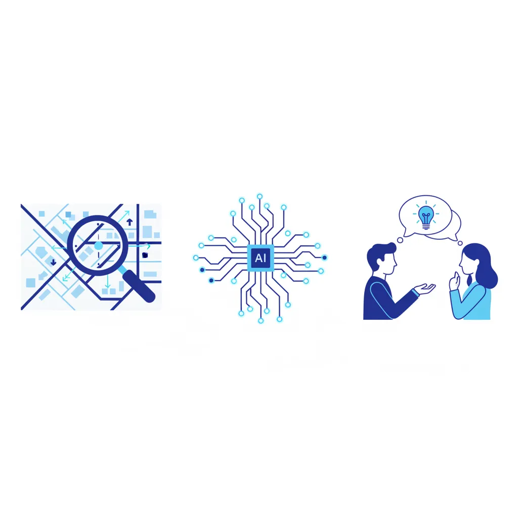 Minimalist illustration: magnifying glass over a city map for market analysis