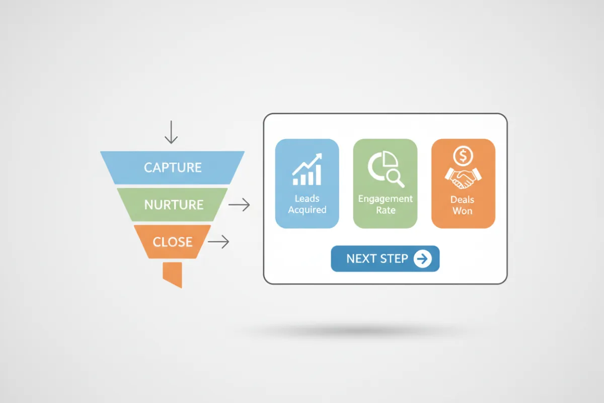 Funnel-to-dashboard visualization showing capture, nurture, close flow with analytics panels and CTA placement.