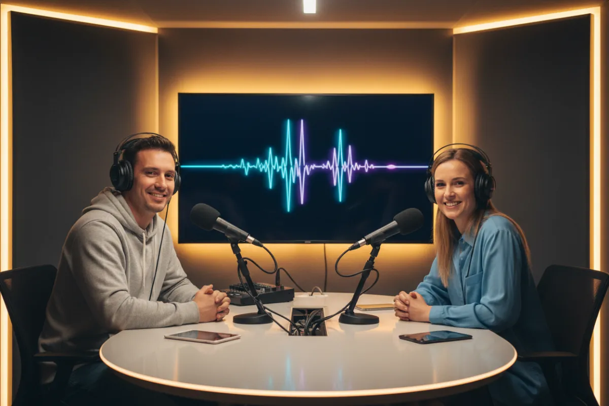 Studio photo of a podcast host and LinkAI spokesperson at microphones, headphones on, relaxed atmosphere, digital waveform on screen.