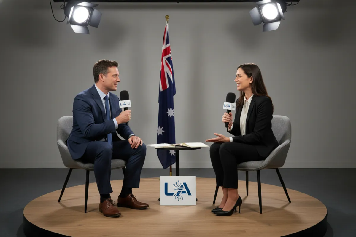 Magazine-style photo of a journalist interviewing a LinkAI executive in a studio, microphones and notepads visible, professional lighting, Australian flag subtly in background.