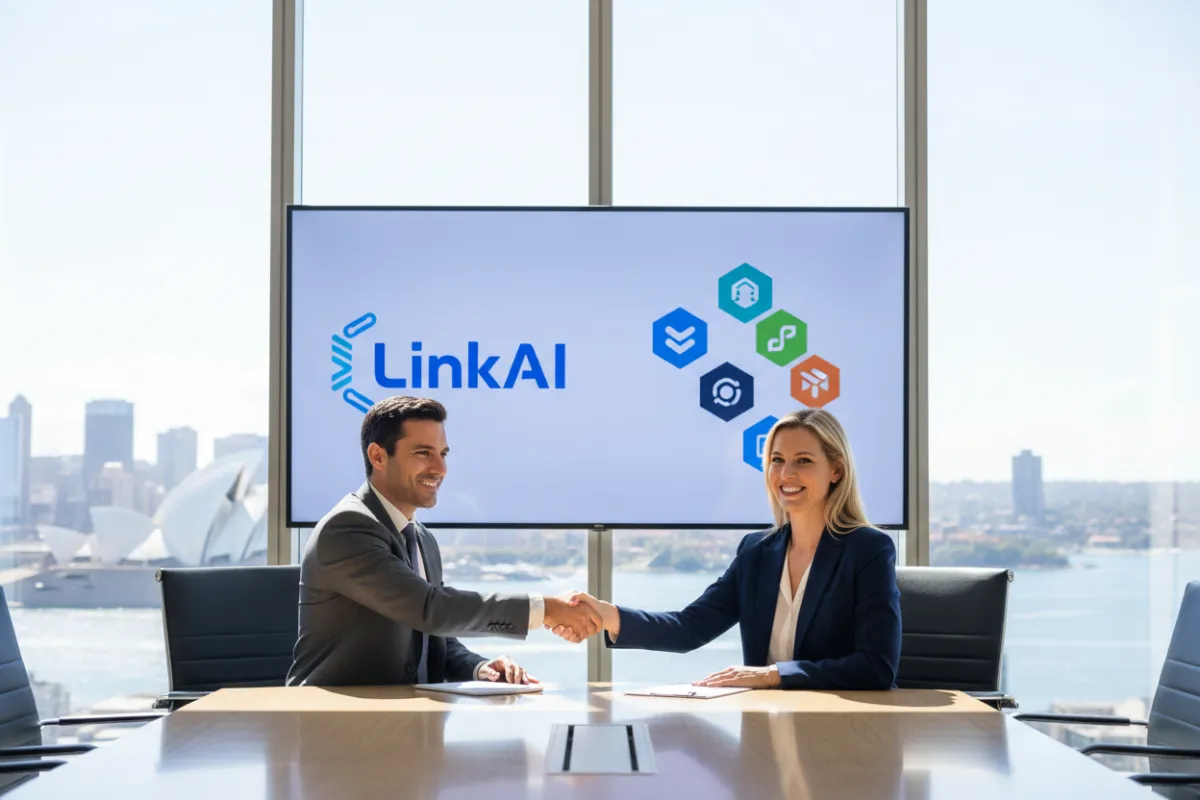 Photo of two executives shaking hands in a bright boardroom, both smiling, with a digital display showing LinkAI and partner logos, Australian cityscape in background.