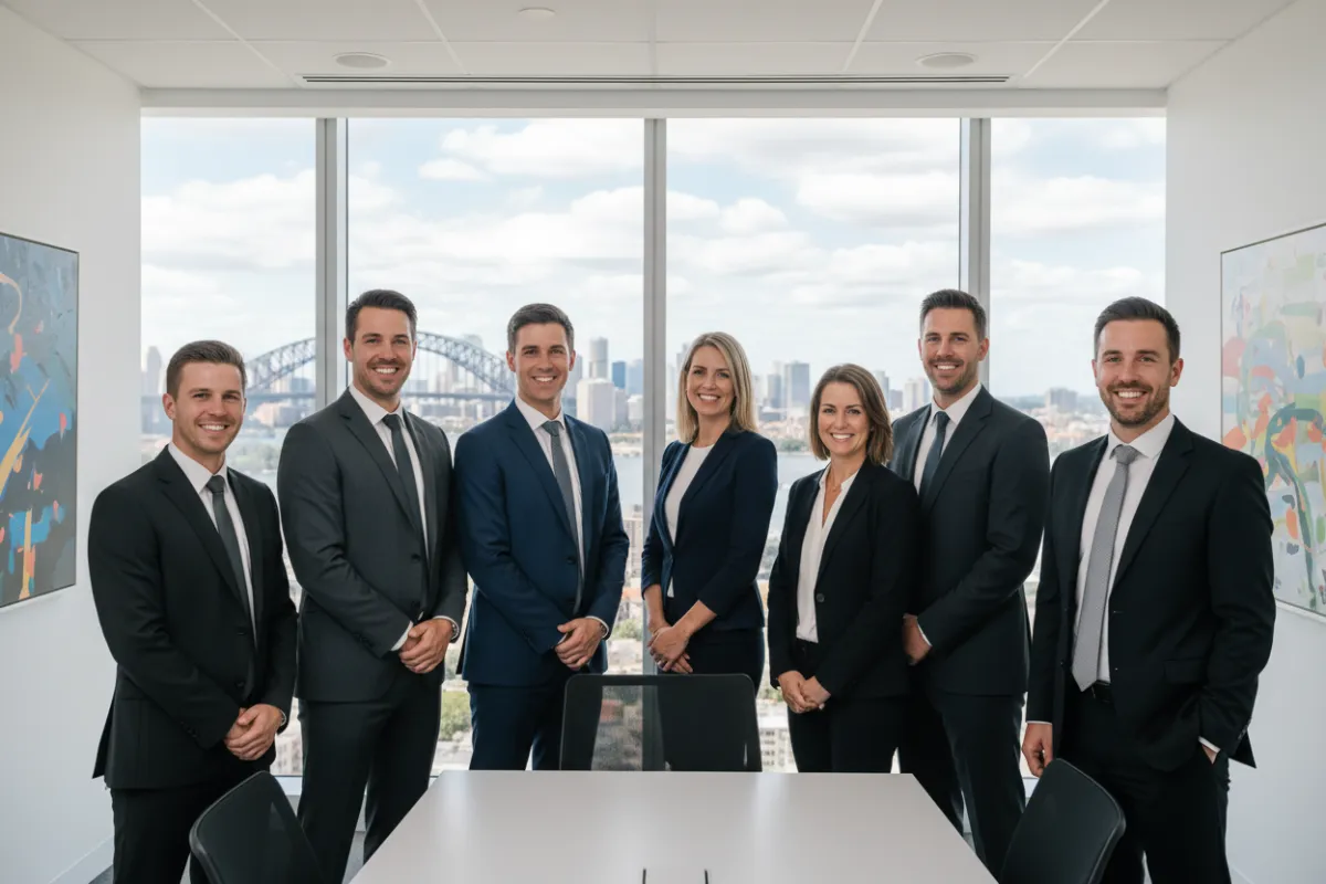 Professional group photo of the LinkAI executive team in a modern office, all smiling, Australian city skyline in background, natural daylight.