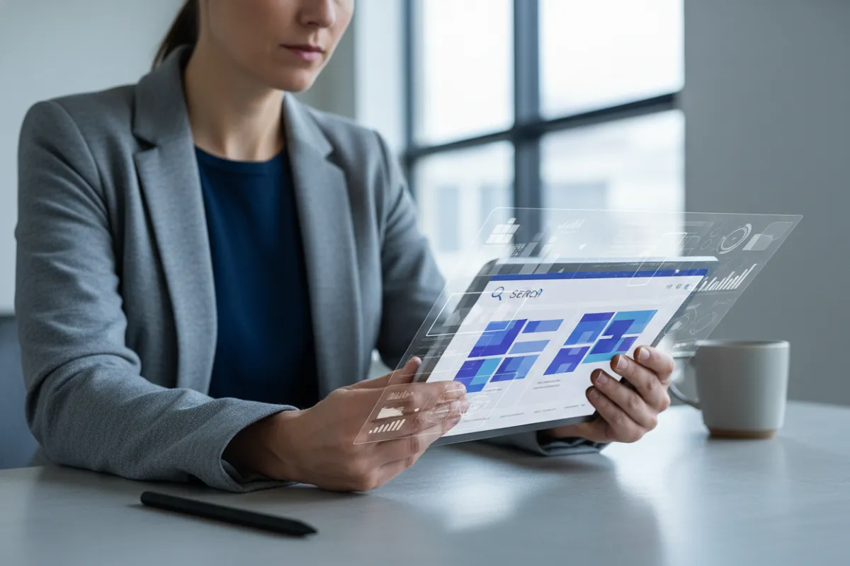 A product manager reviewing AI-generated SERP answers on a tablet.
