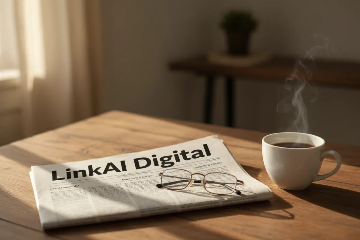 Photo of a printed newspaper with LinkAI Digital headline, coffee cup and glasses on table, morning light, casual and authentic.