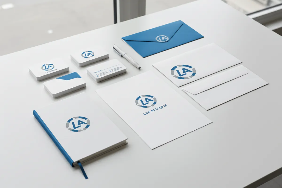 Flat lay of LinkAI Digital logo files, business cards, and branded stationery on a white desk, clean and minimal, soft natural light.