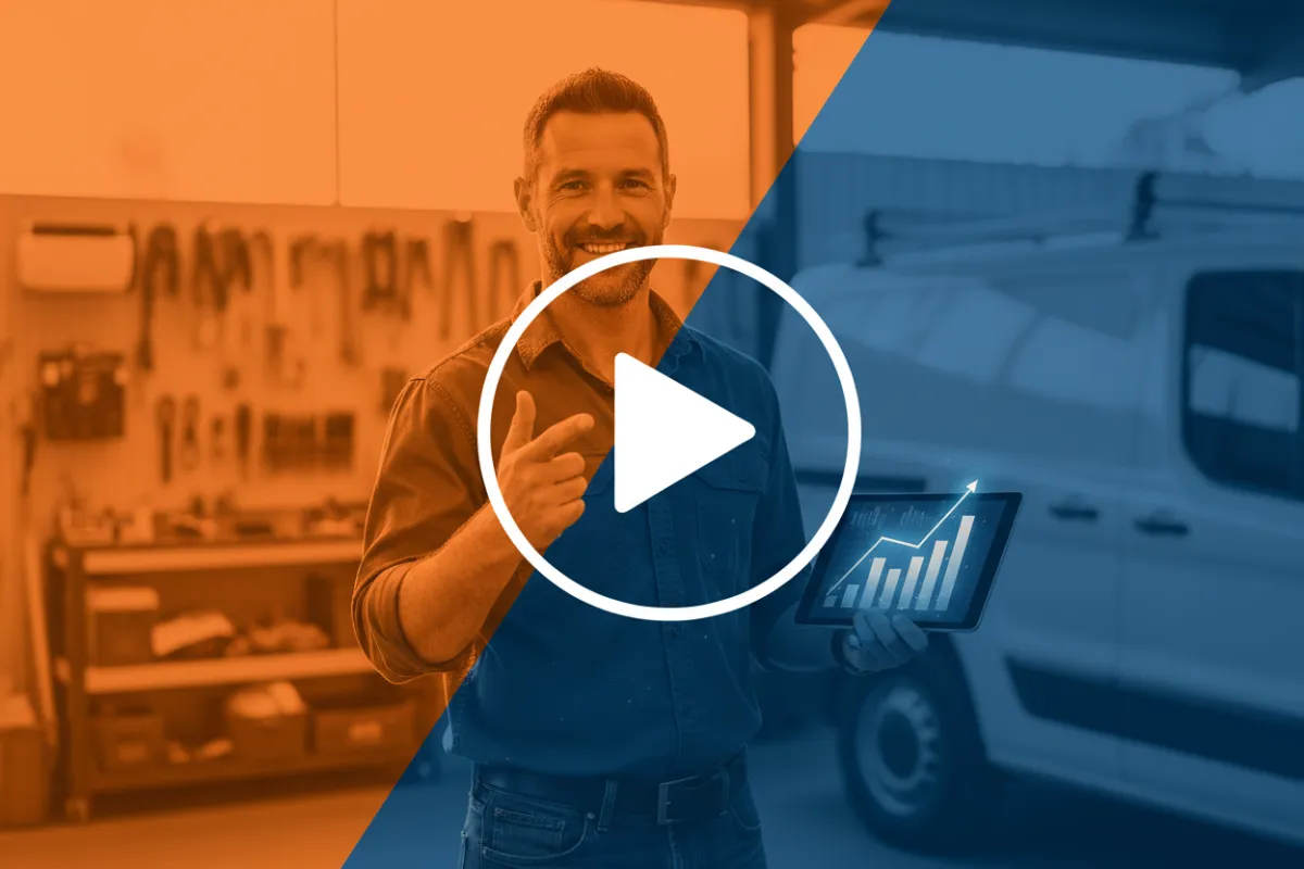 Trades business owner testimonial video thumbnail with play overlay