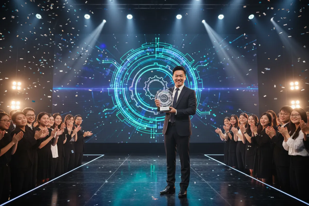 Award ceremony photo with a LinkAI executive receiving a trophy on stage, audience clapping, event lighting, and a large digital screen showing the company logo.