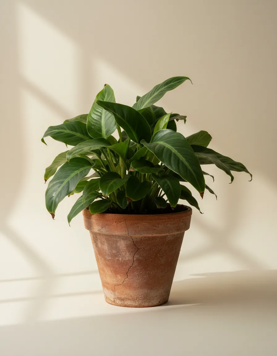 A poignant image of a lush but imperfect houseplant in a terracotta pot