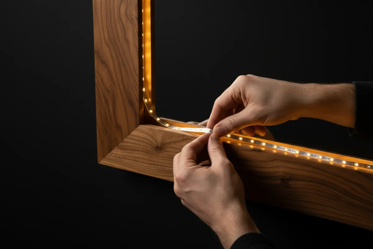 Close-up of artisans working on TECA wood with glowing LED components