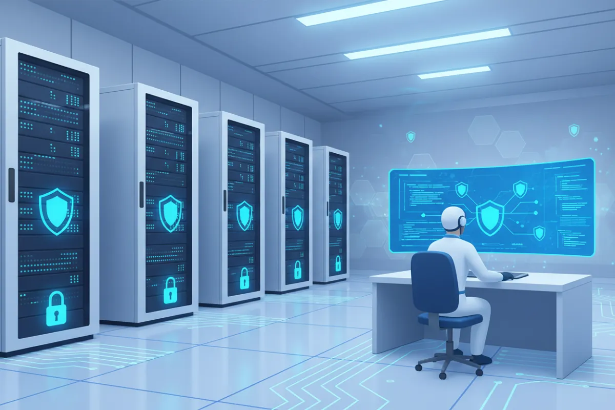 A vector illustration of a secure server room with digital locks and shield icons, blue and white color scheme. A technician is monitoring security systems on a large screen. The scene conveys advanced encryption and vigilant data protection in a high-tech environment.