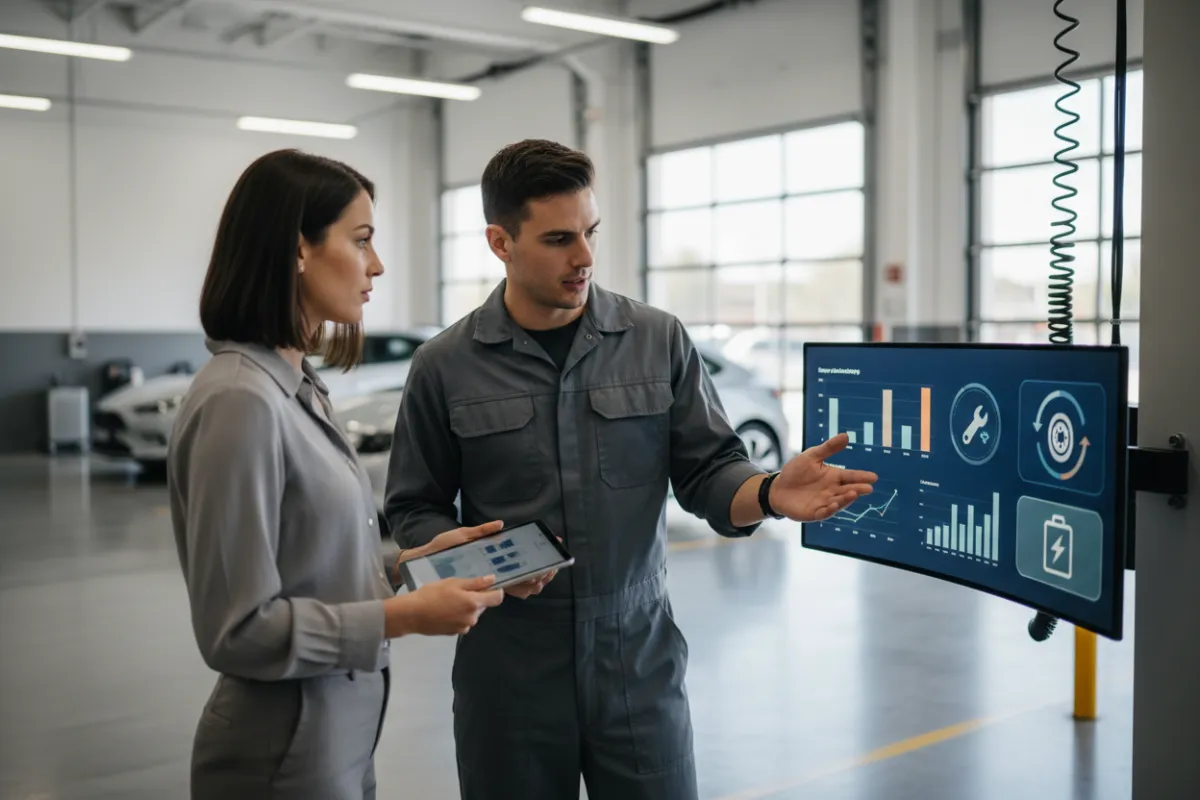 A dashboard interface showing anonymized data charts and service recommendations, with a mechanic and customer discussing results. The environment is a bright auto service center, highlighting responsible data use.