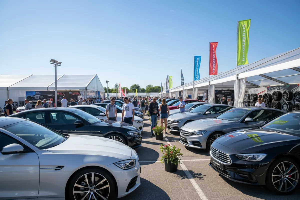 A bustling auto fair scene with diverse people exploring shiny new cars and automotive accessories under bright banners, set outdoors on a sunny day. The image captures excitement and anticipation, with a mix of families and individuals, all ages, in a lively, colorful environment.