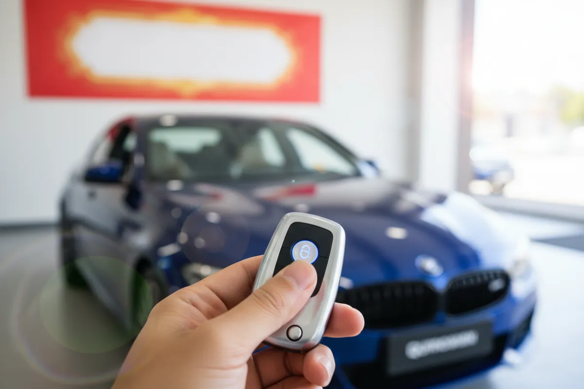 A close-up of a hand pressing a car remote, with a new vehicle in the background and a dealership banner visible. The image conveys immediacy and excitement, focusing on the moment of unlocking a great deal, with crisp detail and vibrant color.