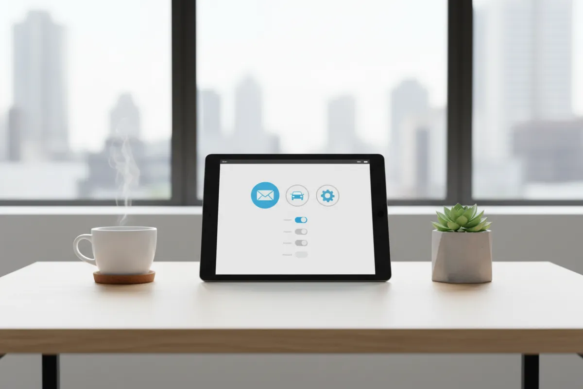 Tablet displaying a privacy form with icons for email, car, and preferences, set on a clean desk with a cup of coffee and a plant. The scene is bright and modern, emphasizing clarity and transparency.