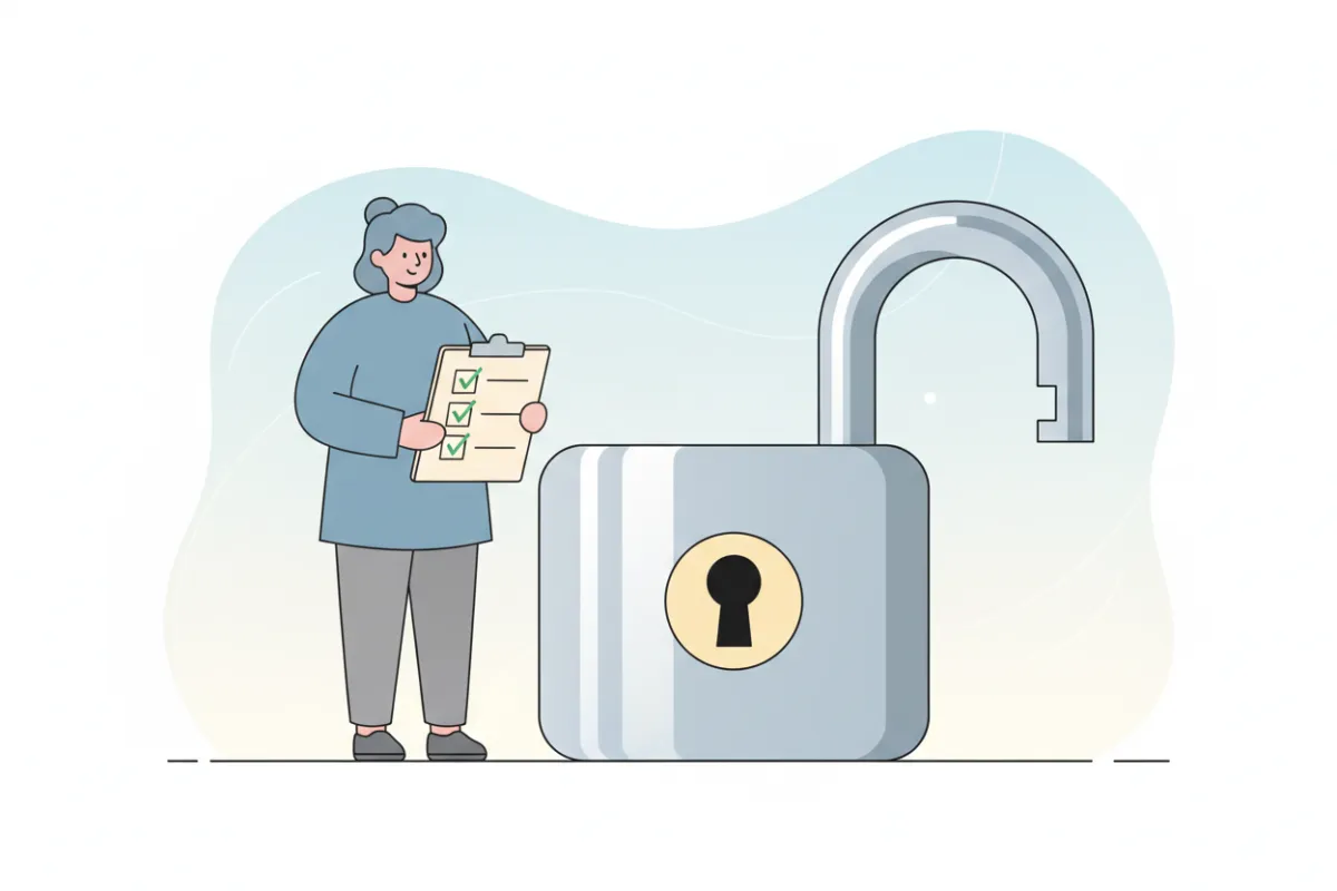 A minimalist illustration of a person holding a clipboard with checkmarks, standing beside a large unlocked padlock.
