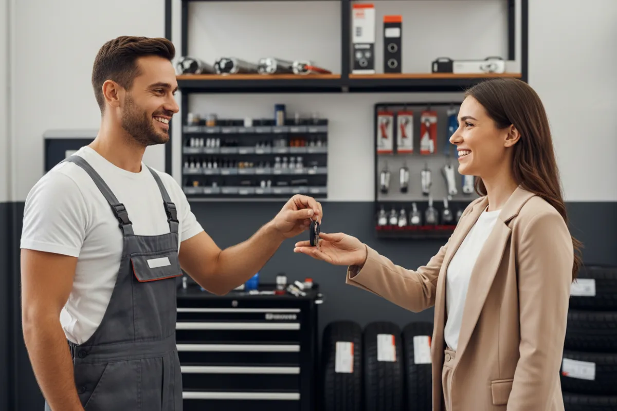 A smiling mechanic in a modern auto shop hands car keys to a customer, with shelves of accessories and tools in the background. The scene conveys trust, professionalism, and the excitement of receiving a special deal, with natural lighting and a friendly atmosphere.