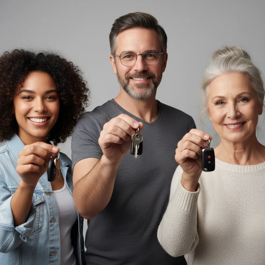 A diverse group of three customers, each smiling and holding car keys, stand in front of a neutral backdrop.