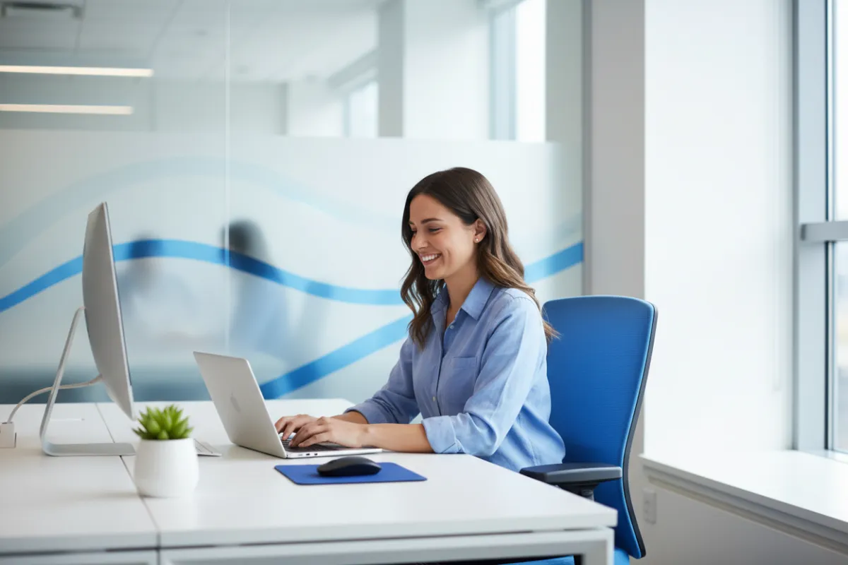A friendly customer service representative at a desk, smiling while typing on a laptop in a modern workspace with blue accents.