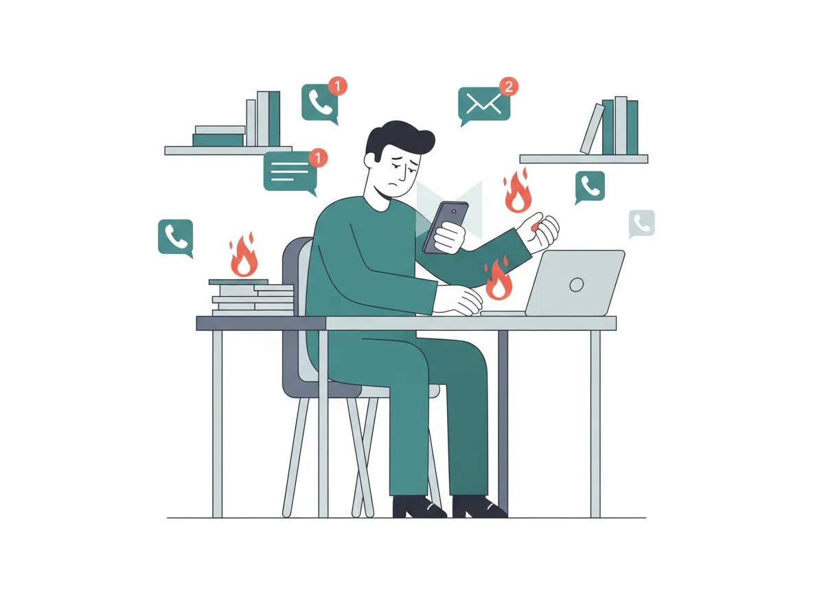 Ilustración minimalista de un dueño apagando incendios en su negocio