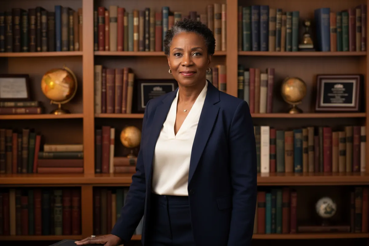 Portrait of a Bishop College alumnus, a Black educator standing before a bookshelf.