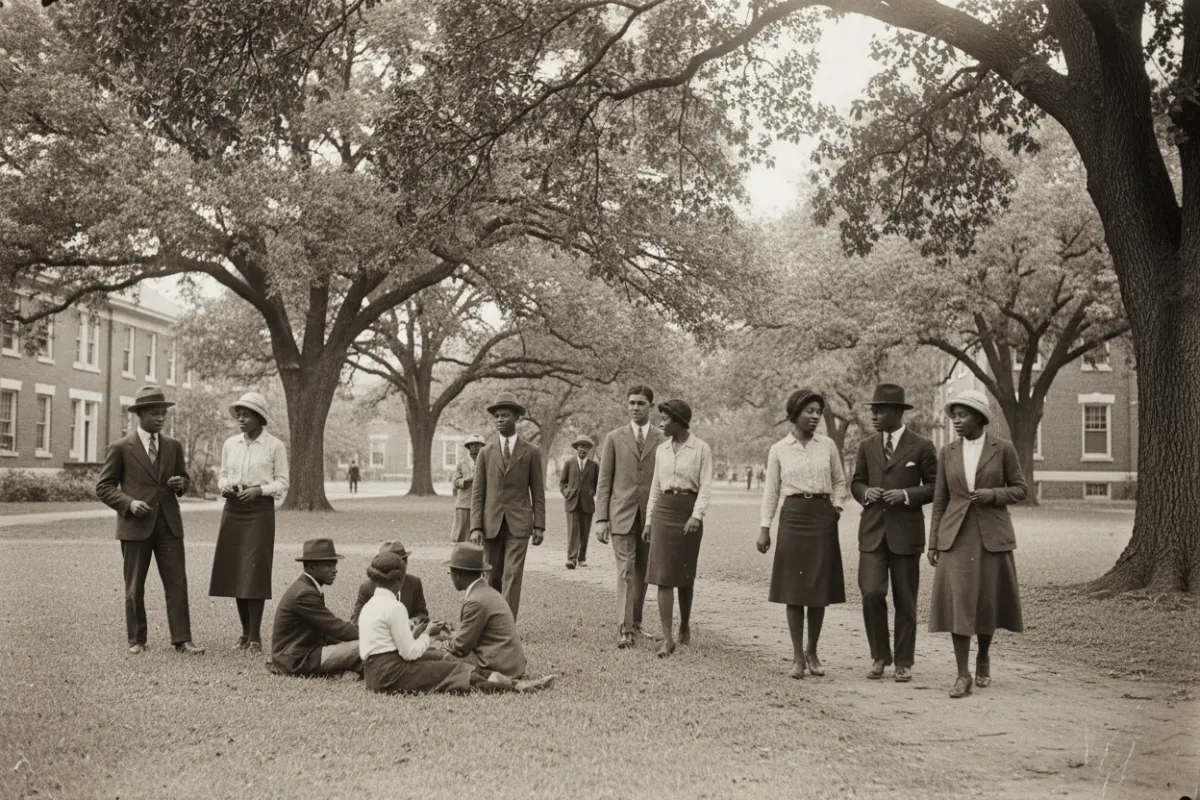 Archival black-and-white photograph of Bishop College students on a tree-lined campus lawn.