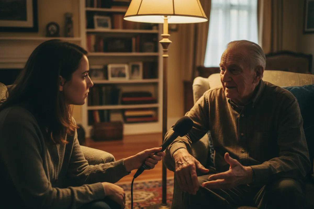 Interview scene from the Bishop College Documentary Project with an alumnus sharing oral history.