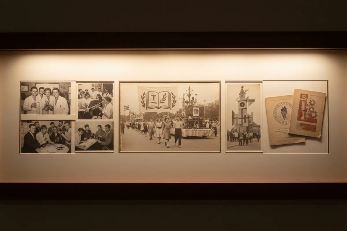 Archival montage of Bishop College campus parade, student groups, and event programs
