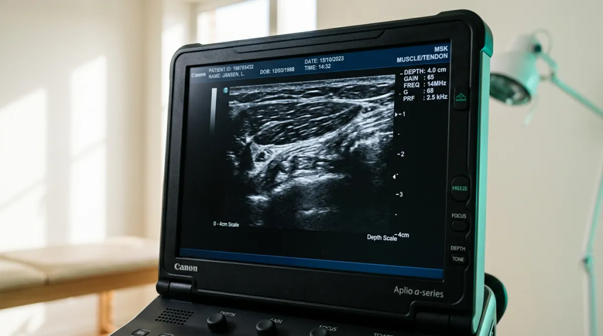 [ Afbeelding: Real-time echografie monitor met duidelijke weergave van spier- en peesstructuren ]