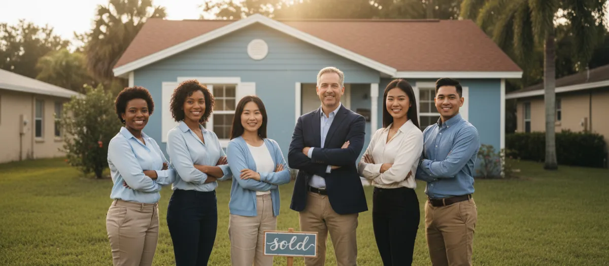 Smiling local home buying team with sold home background