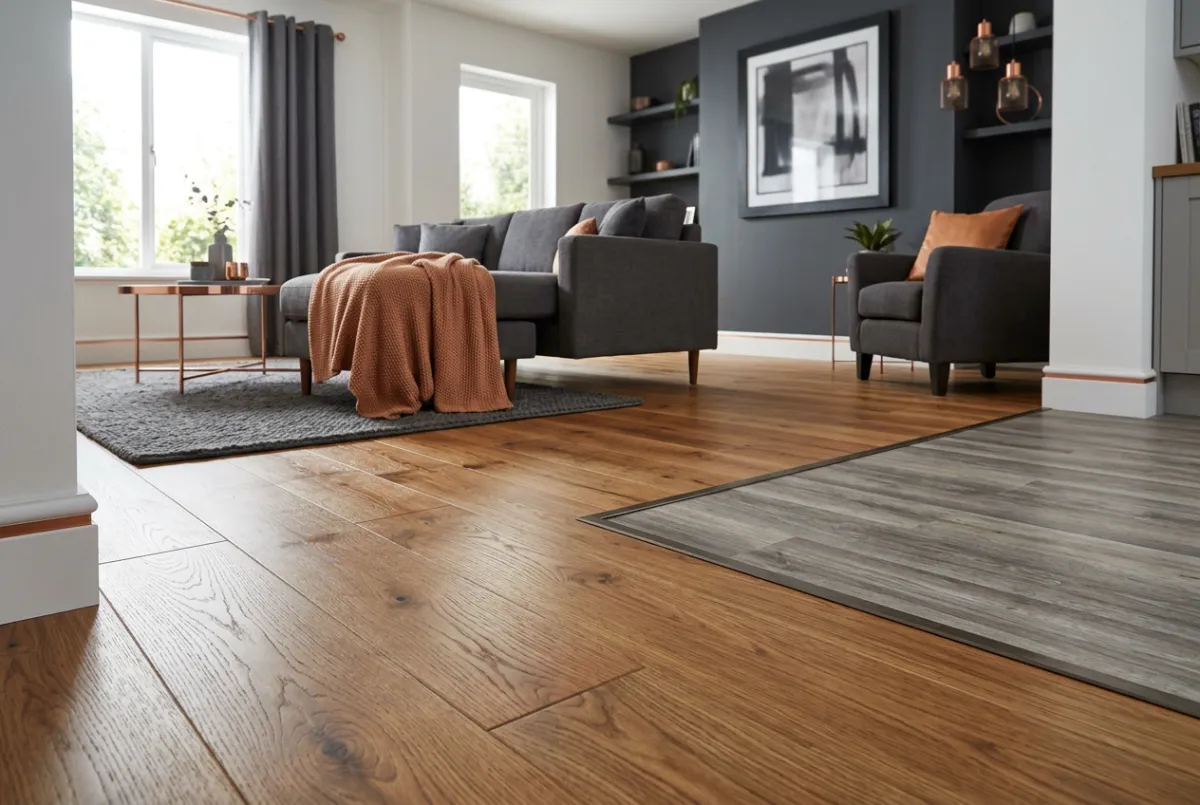 Engineered hardwood and luxury vinyl plank flooring installed in modern home