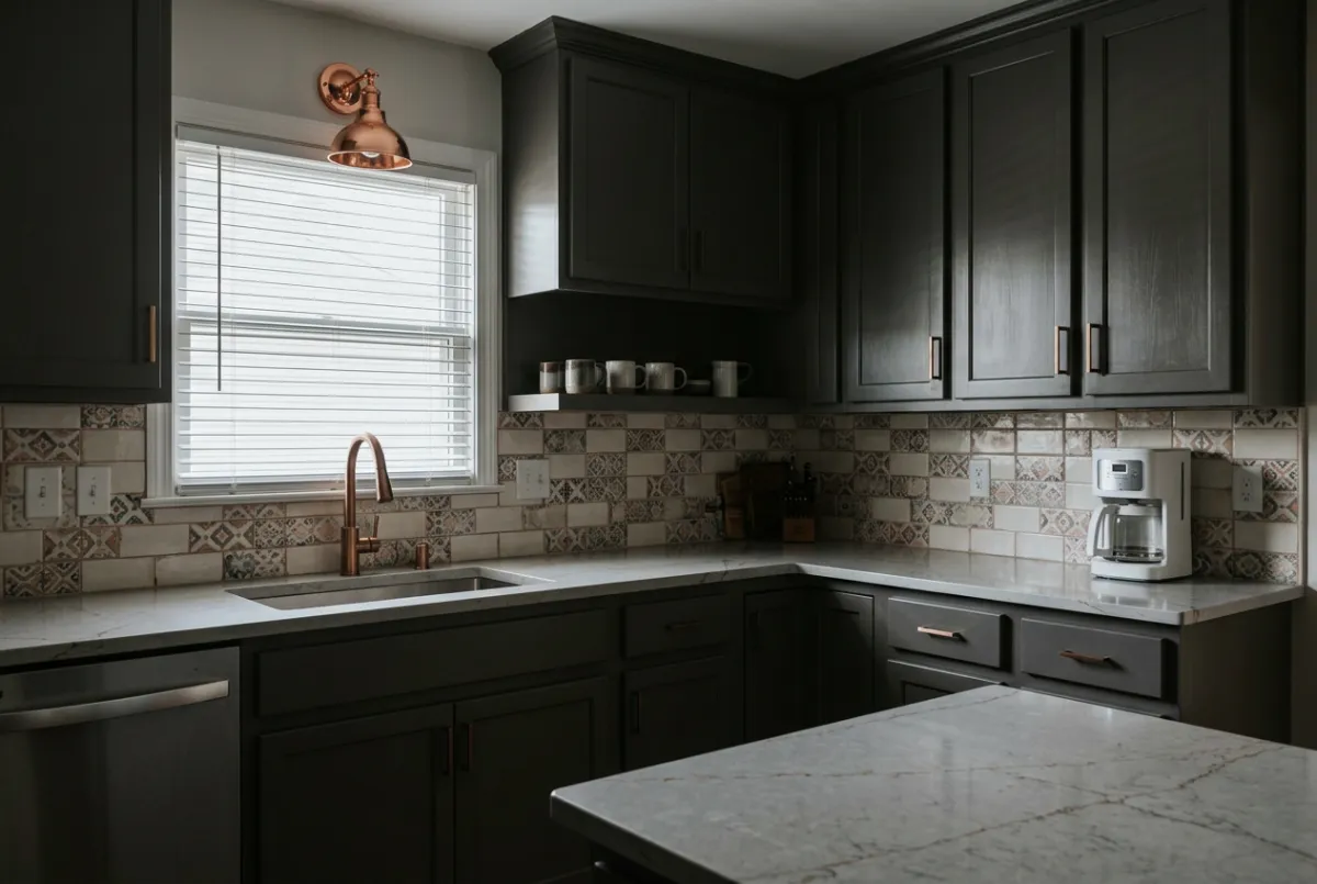 After kitchen remodeling with bright painted shaker cabinets, quartz countertops and tile backsplash