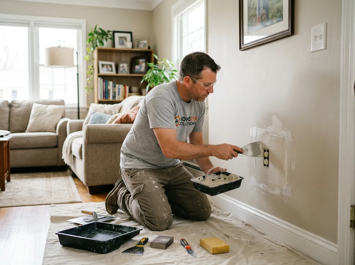 Professional home-service worker patching drywall inside a bright, everyday American home interior