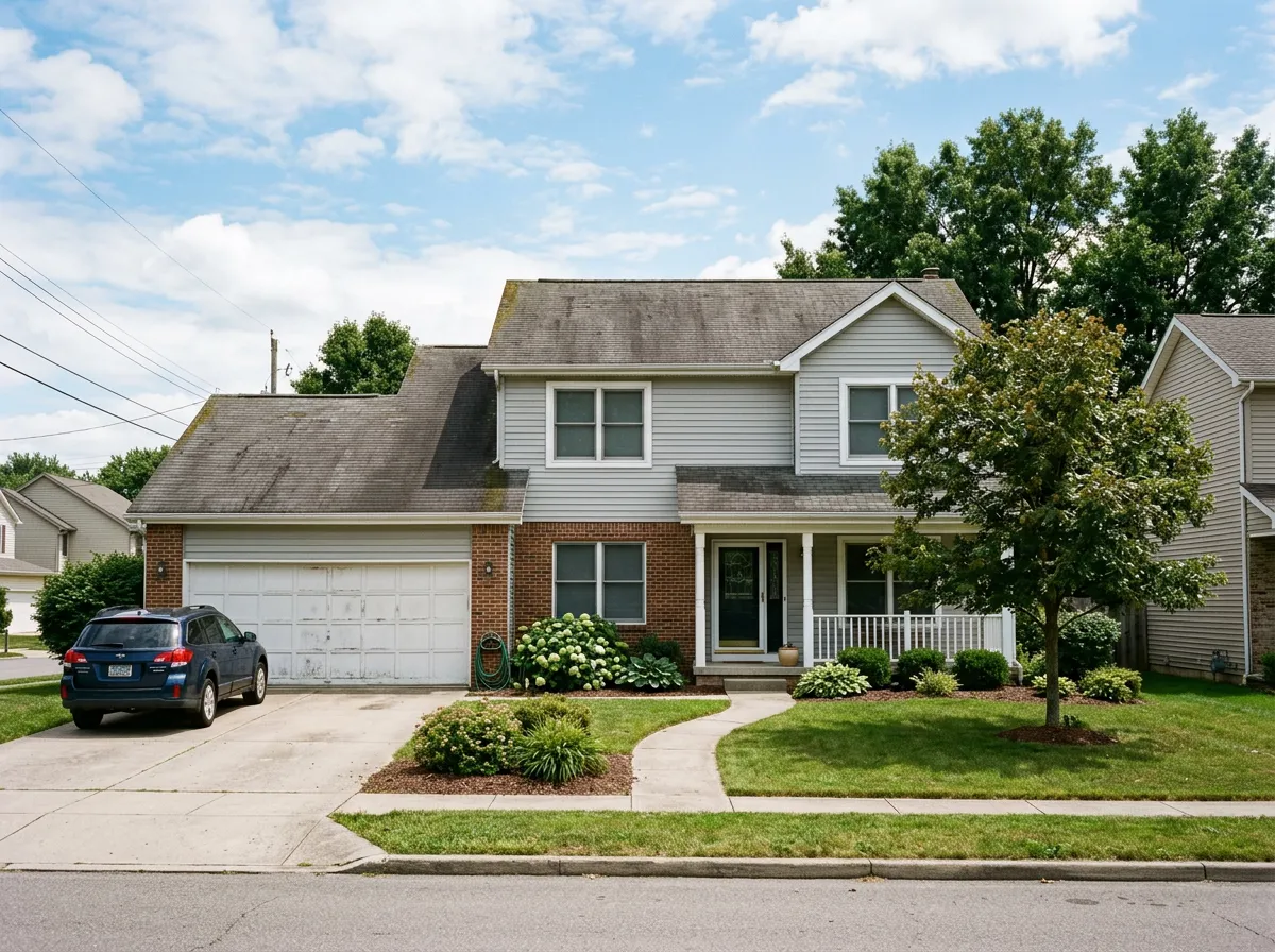 Before roof replacement: the same suburban home with an older, visibly worn asphalt-shingle roof
