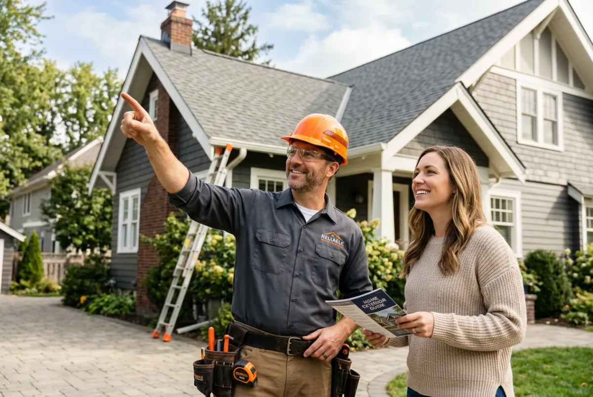 Friendly residential contractor discussing roof and home improvement options with happy homeowner