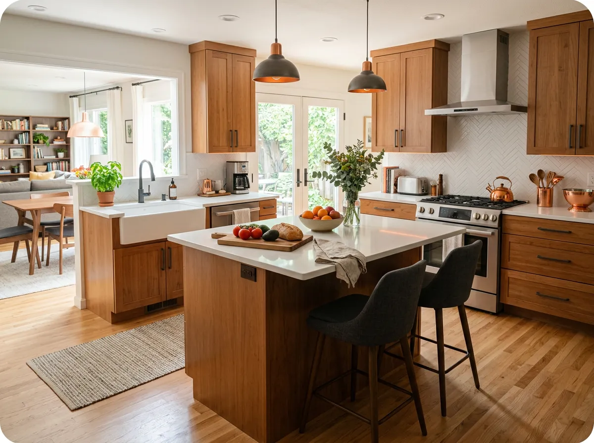 Bright, modern open-concept kitchen remodel with updated quartz countertops and wood cabinetry
