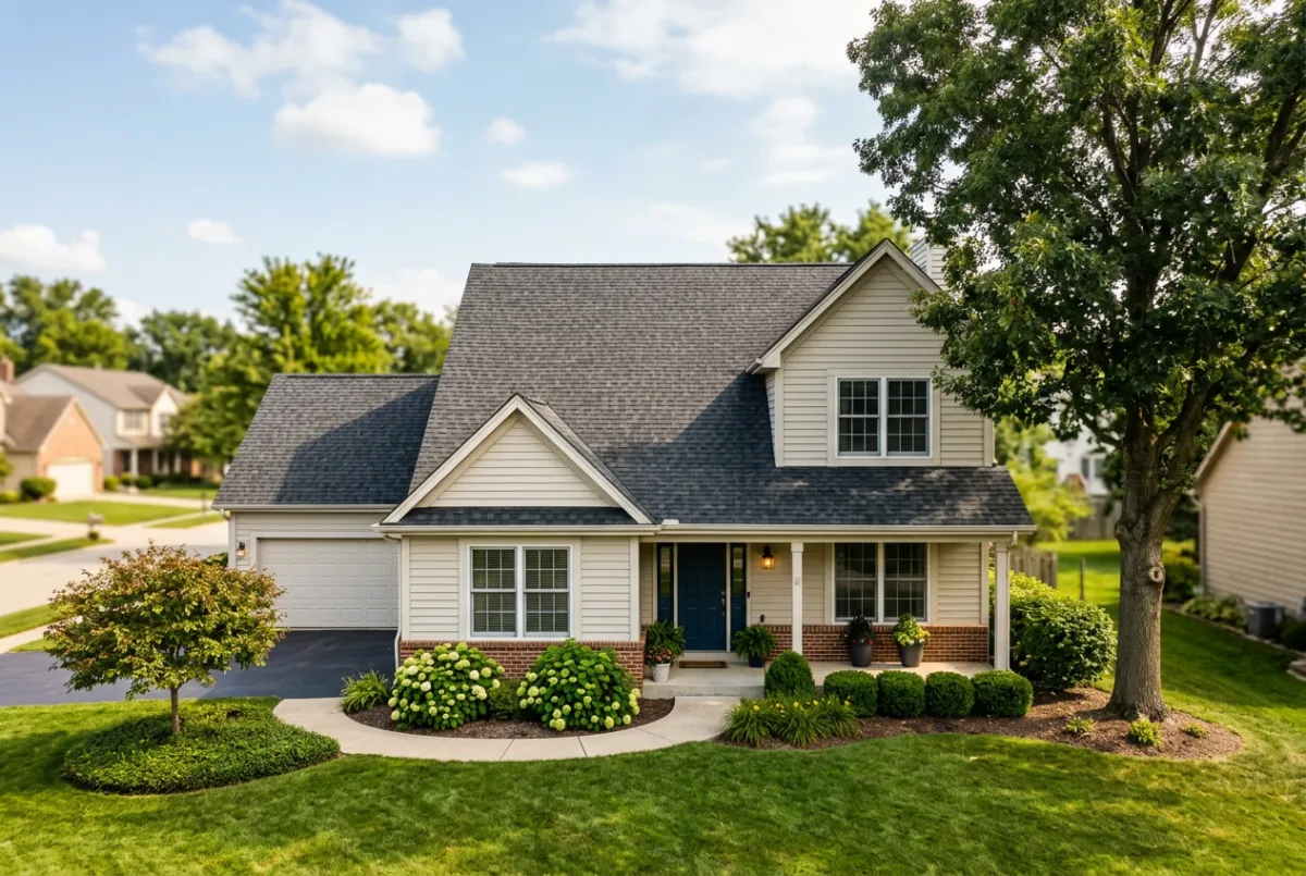 Bright suburban home with a newly installed asphalt shingle roof