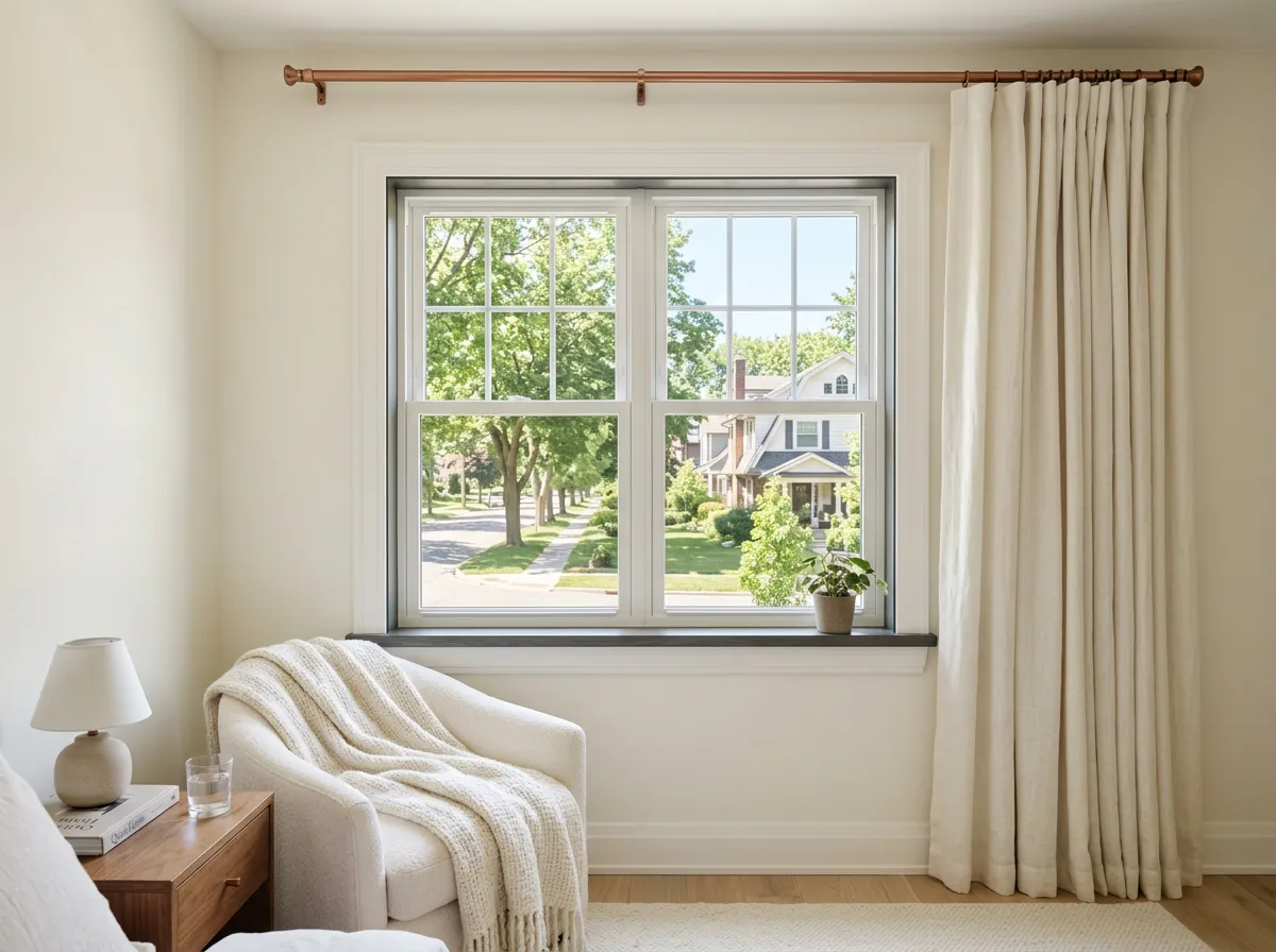 Energy-efficient double-hung vinyl window installed in bright bedroom