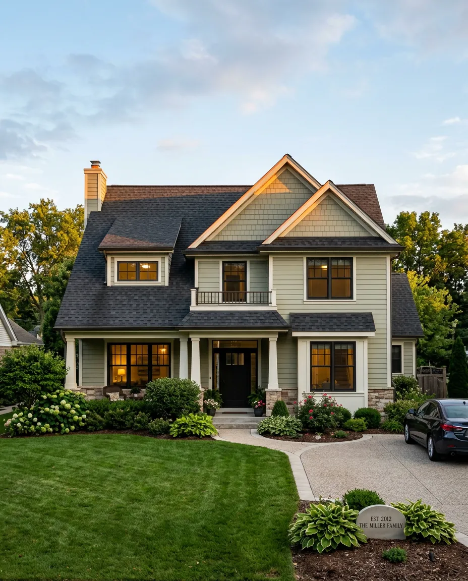 Attractive suburban American home with clean architectural asphalt shingle roof and landscaped yard under blue sky