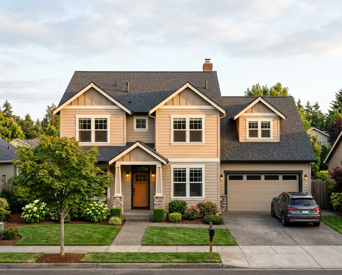 Attractive modern American suburban home with architectural asphalt shingle roof under daylight skies