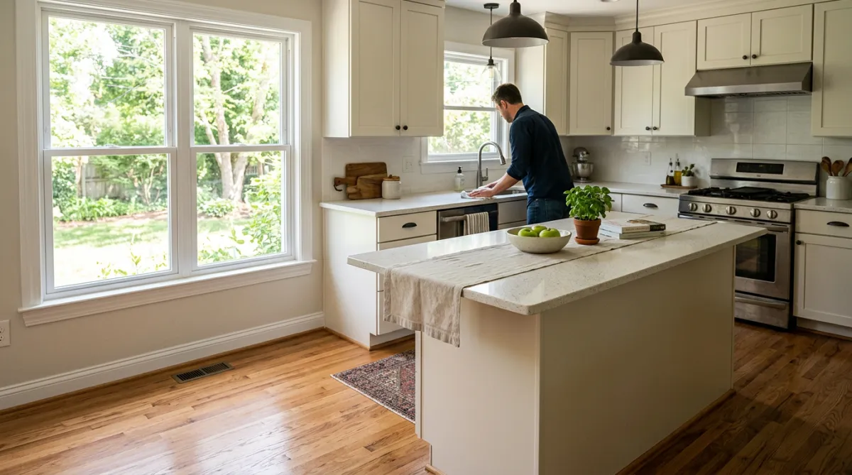 Custom home improvement featuring hardwood flooring, elegant countertops and new windows