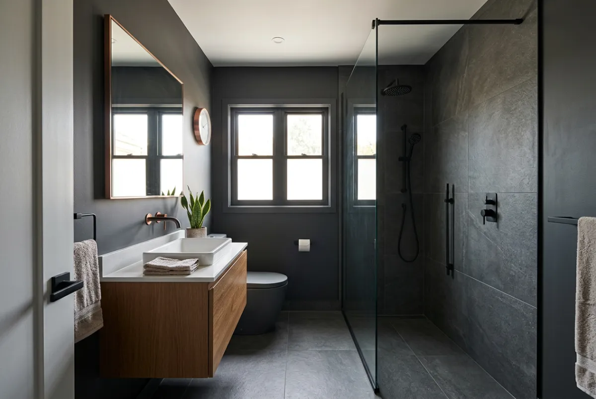 After bathroom renovation with modern custom tile shower, matte black fixtures and fresh vanity
