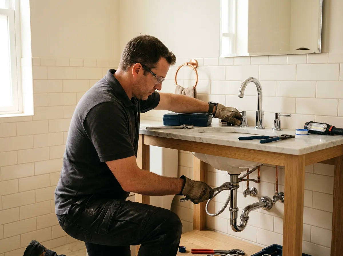 Plumber installing modern chrome fixture and bathroom vanity piping