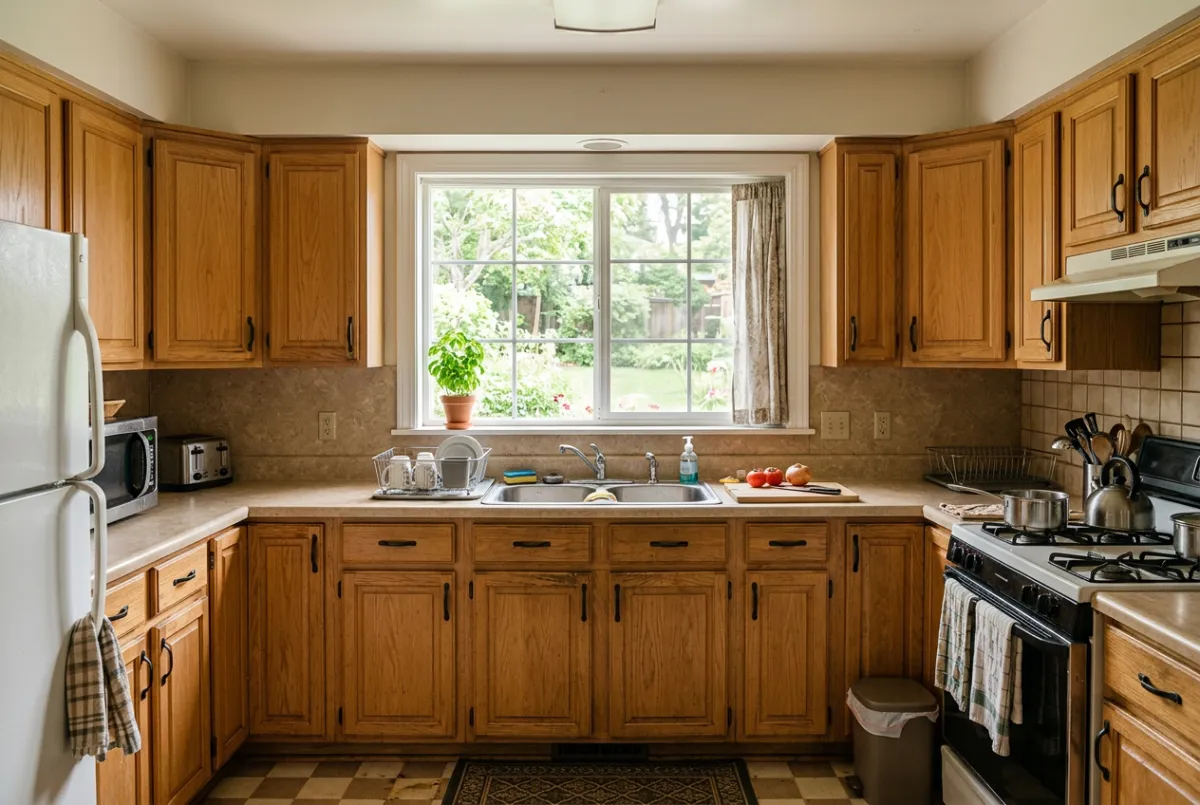 Before kitchen remodeling showing older wood cabinets and dated laminate counters