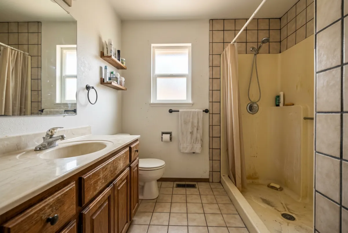 Before bathroom renovation showing dated tile and worn fiberglass shower surround